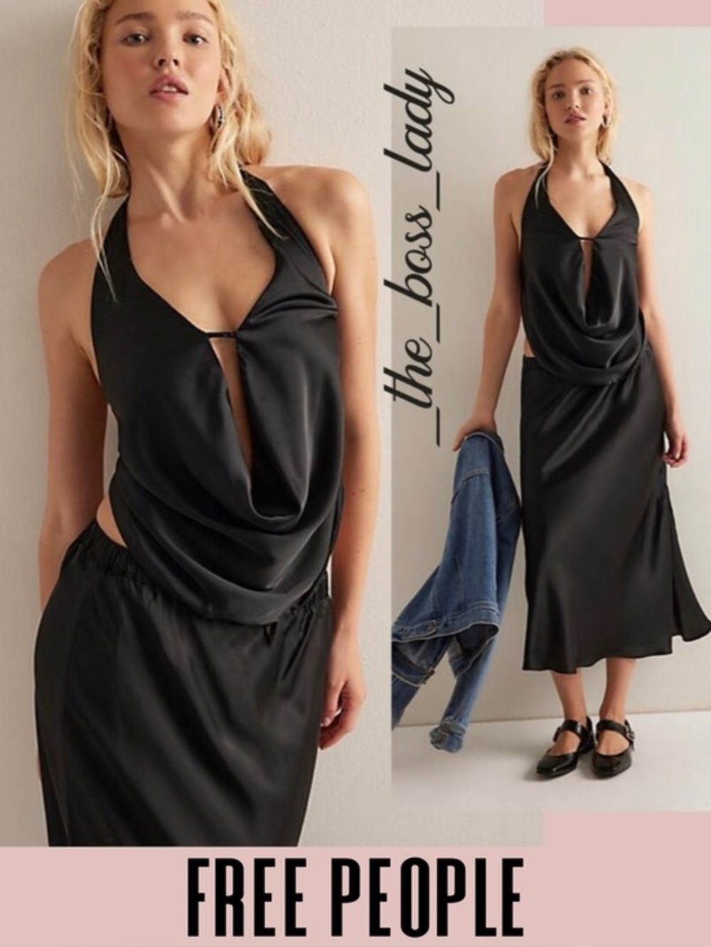 Free People skirt set co-ord top and midi skirt satin matching set boho Large